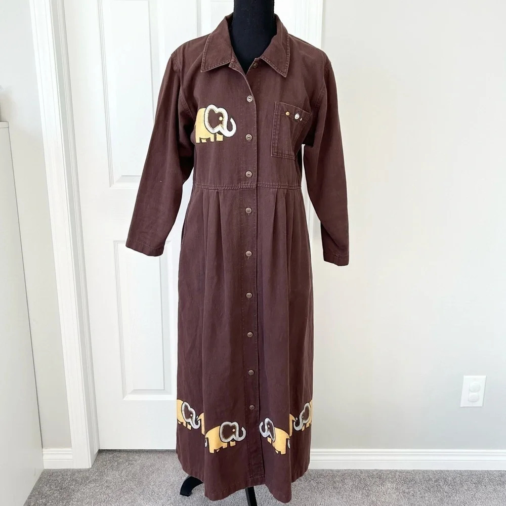 Vintage Brown Elephant Embossed Pattern Button Down Pleated Dress Made in Canada
